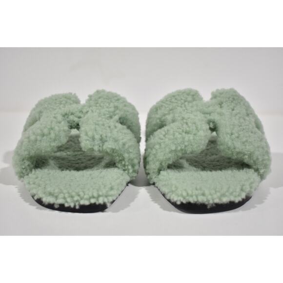 Hermes Oran Teddy Shearling Fur Green H Logo Slide Sandal Mule Flat Flip Flop 42 - Picture 6 of 12